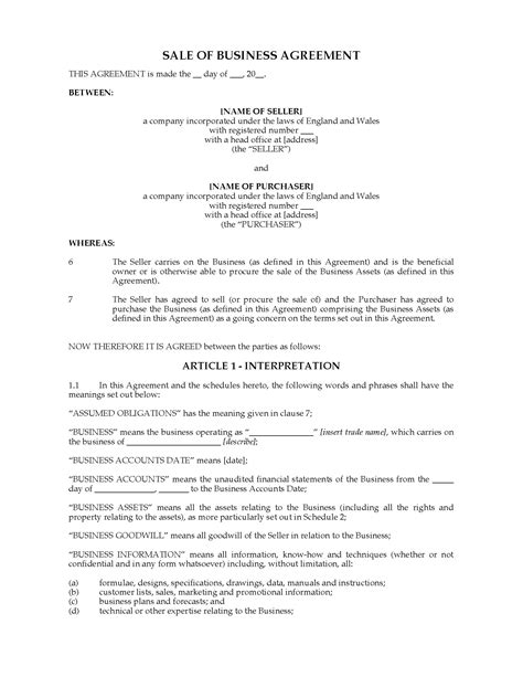 uk sale  business agreement legal forms  business templates