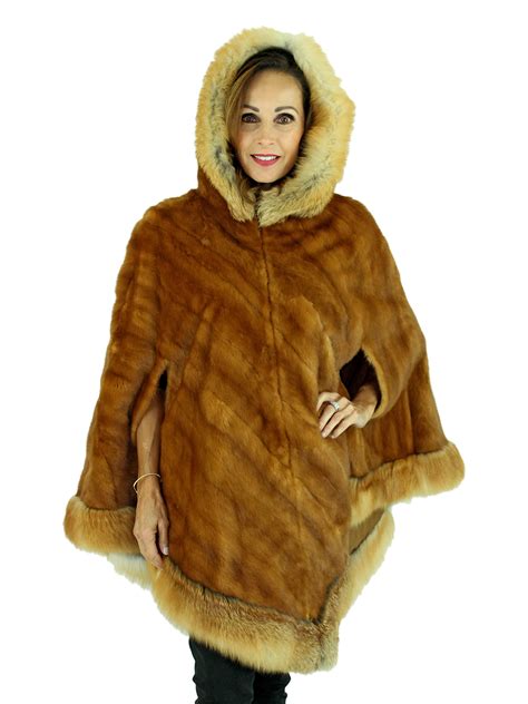 whiskey mink fur cape  red fox trimmed hood  hemline womens fur cape large estate furs