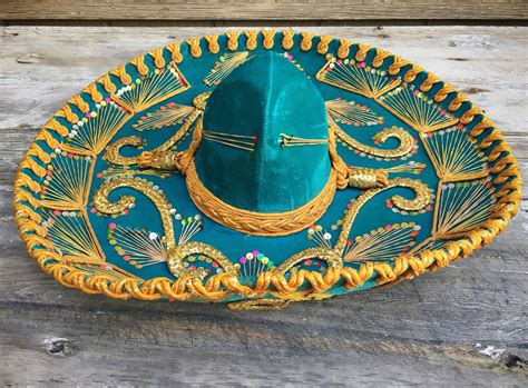 authentic large mariachi sombrero hat teal blue velvet  golden