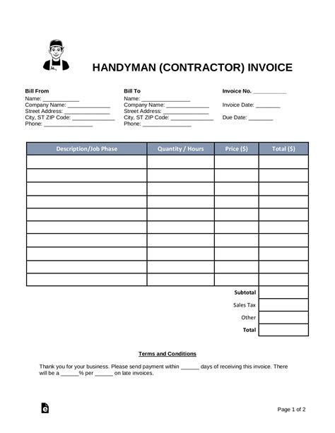 handyman contractor invoice template  word eforms