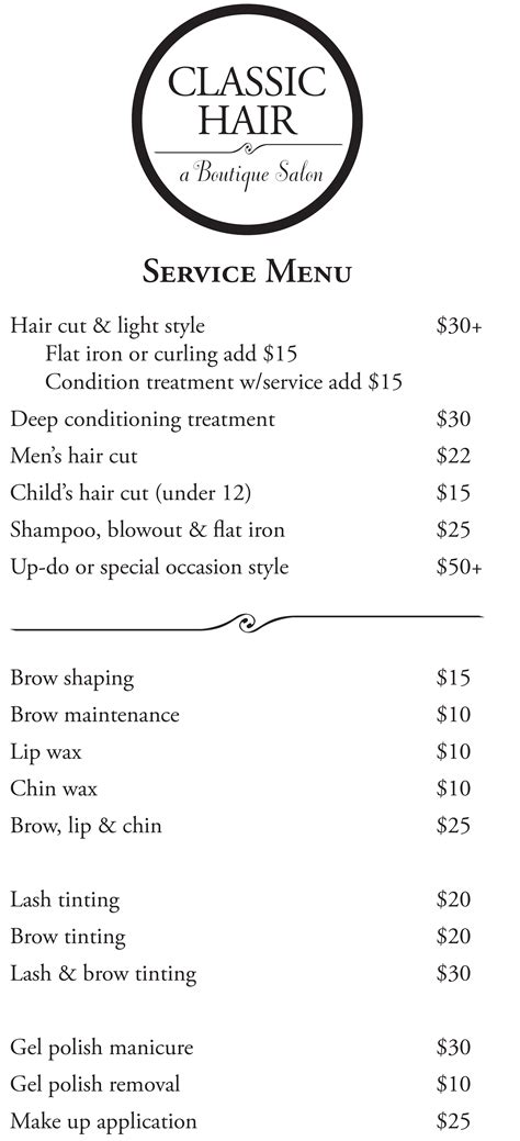 classic hair  boutique salon service menu