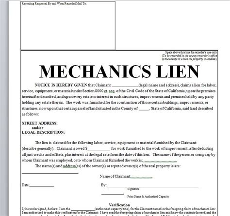 mechanics lien printable contract   word sample contracts
