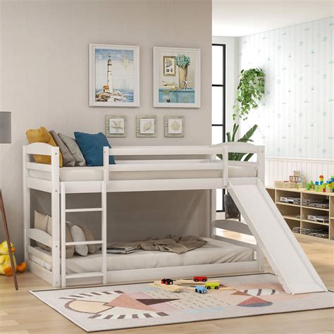 Euroco Twin Over Twin Low Bunk Bed With Slide And Ladder White