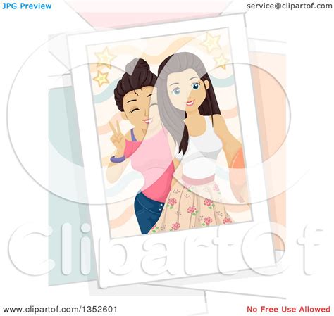 clipart of brunette caucasian teenage girls taking a selfie royalty free vector illustration