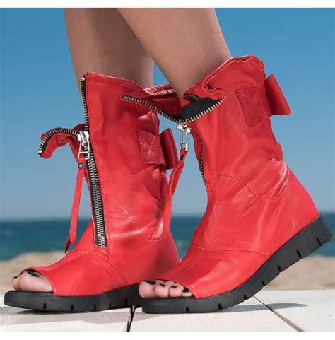 red genuine leather summer boots woman summer boots by rebelsmarket