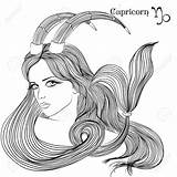 Capricorn Coloring Girl Zodiac Sign Beautiful Vector Astrology Astrological Illustration Adult Lineart Hair Long Book Signs Designlooter Scorpio Google sketch template