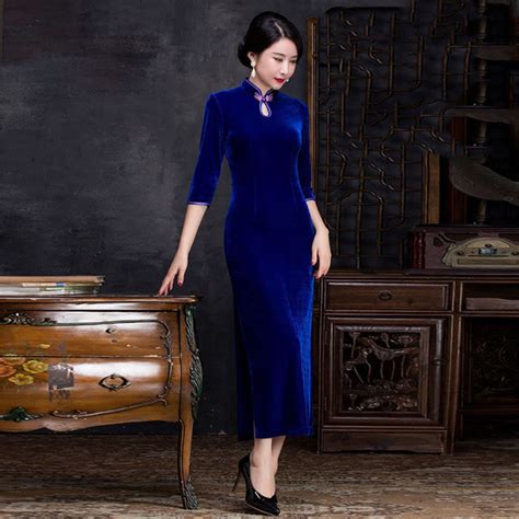 blue velvet long sleeve cheongsam woman elegant chinese dress qipao