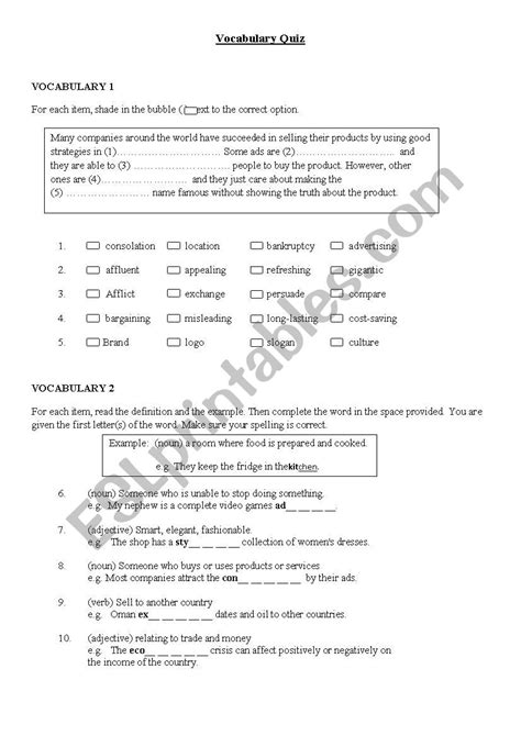 vocabulary quiz esl worksheet  wise mate