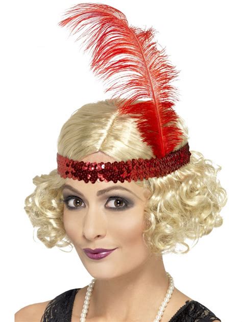blonde charleston wig and red feather headband flapper 20s