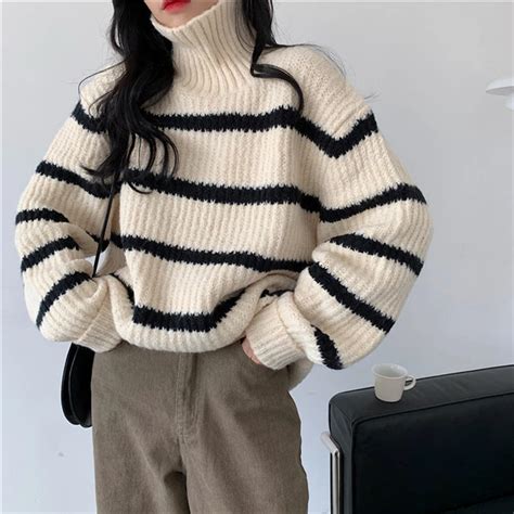 warm knit vintage high neck striped loose sweater free