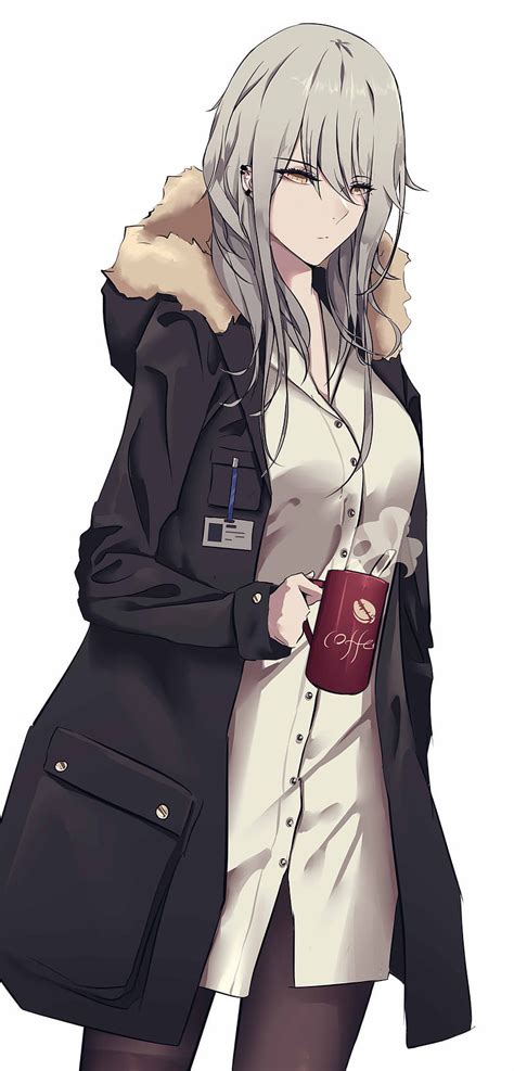 anime anime girls portrait display cup grey hair open coat hd phone wallpaper peakpx