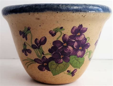 monroe salt works purple flowers blue rim small bowl vintage maine