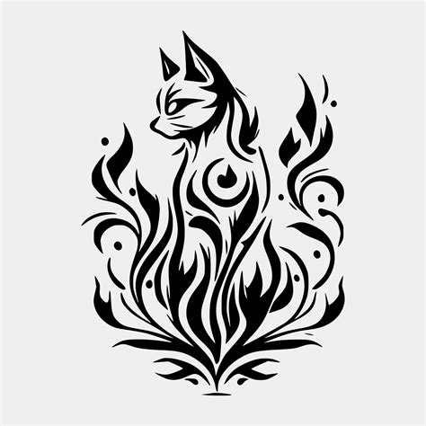 set flaming cat  white background tribal stencil tattoo design