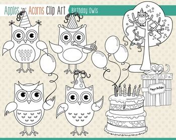 birthday owls clip art color  outlines  apples  acorns