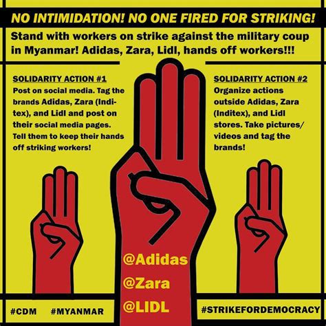 adidas zara  lidl support  civil disobedience movement cdm  myanmar  business