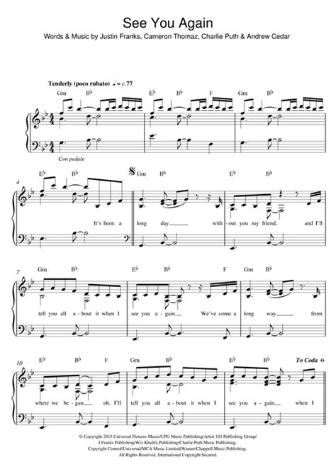 See You Again Feat Charlie Puth Sheet Music By Wiz Khalifa Easy