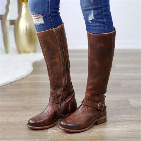 Women Vintage Leather Buckle Knee High Riding Boots Kaaum