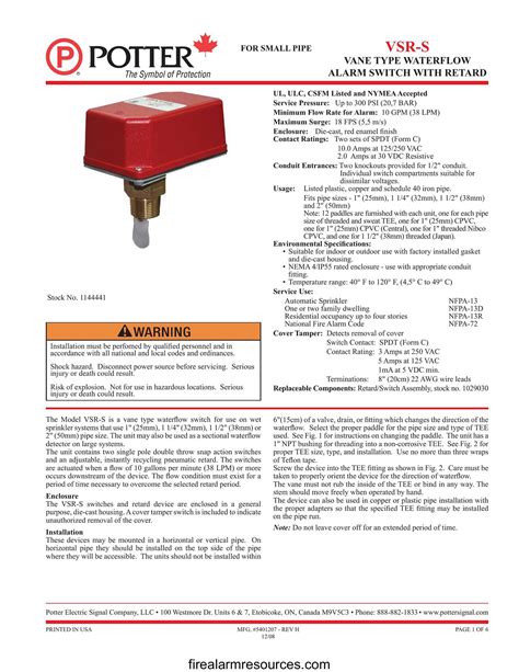 potter vsr  series waterflow alarm switch  small pipe canada fire alarm resources