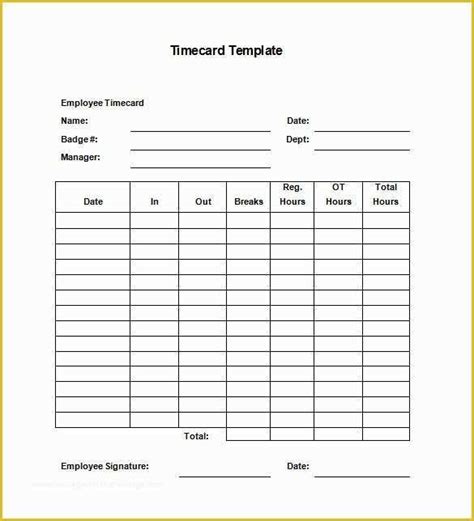 time card template   printable time card templates  excel