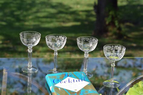 vintage etched crystal cocktail wine cordial glasses set of 4