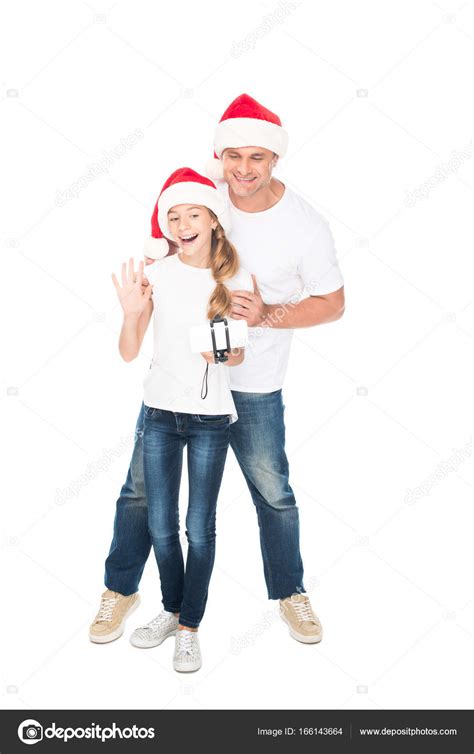 Padre E Hija Teniendo Selfie En Navidad — Foto De Stock