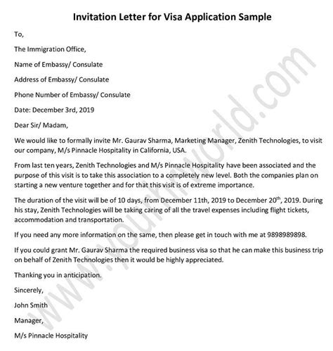 invitation letter  visa application sample template lettering