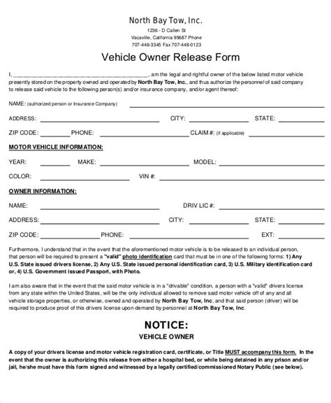 sample vehicle release forms  ms word