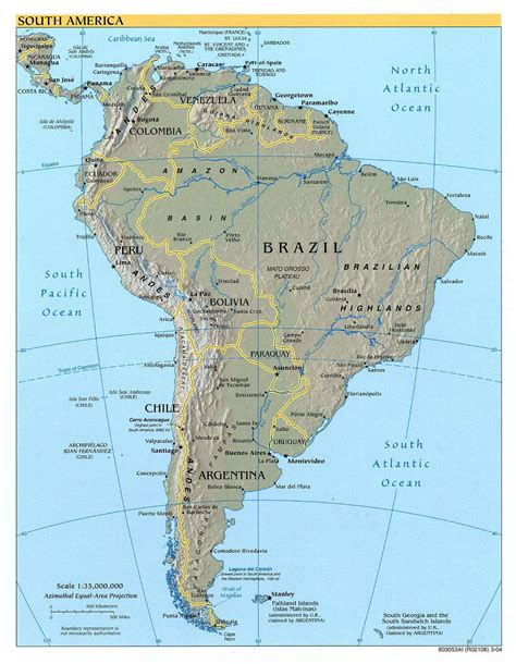 large detailed political map  south america  relief  capitals