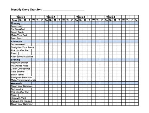 monthly chore chart template  template