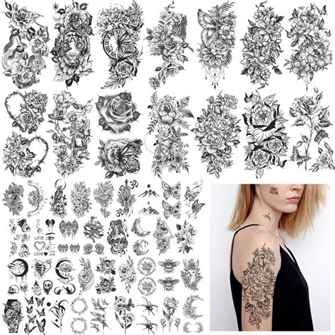 soovsy 49 sheets large flower temporary tattoo butterfly bee crescent