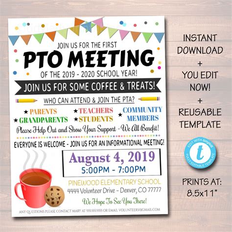 pto pta meeting event flyer editable template pertaining  staff meeting flyer template