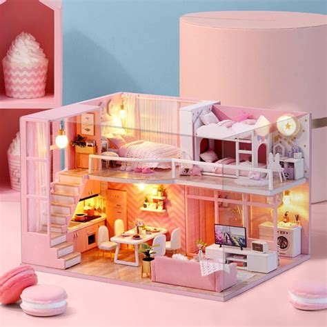 qiilu diy handmade miniature pink girl wooden loft doll house model