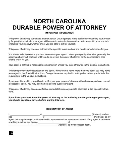 power  attorney form nc printable