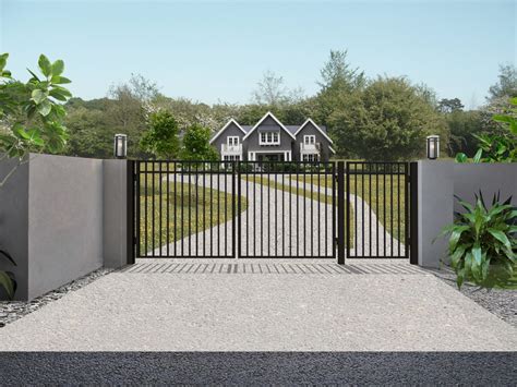 dual swing driveway steel gate   ft pedestrian gate madrid style