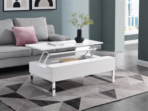 table basse avec plateau relevable mdf  metal chrome coloris blanc laque secali