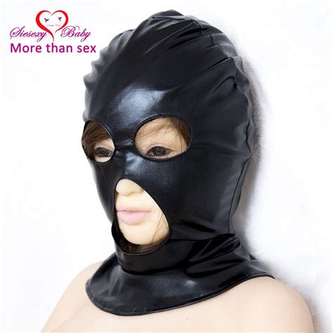 Black Faux Leather Bondage Hood Full Cover Head Hood With Open Mouth