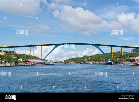 queen juliana bridge crossing saint anna bay   harbor  willemstad curacao stock photo