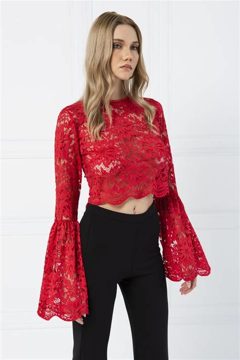 Sheer Red Lace Bell Sleeve Top Red Sheer Blouse Lace Bell Sleeve Top