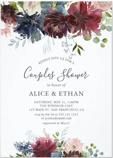 blue and burgundy watercolor floral couples shower invitation zazzle