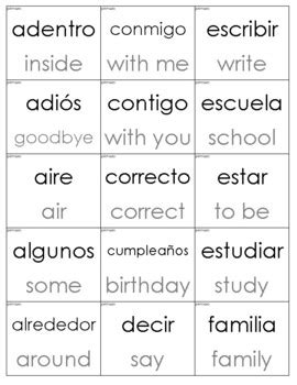spanish high frequency words  english translation cards  grade