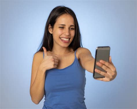 Young Latin Woman Having Fun Taking Selfie Mobile Smartphone Stock