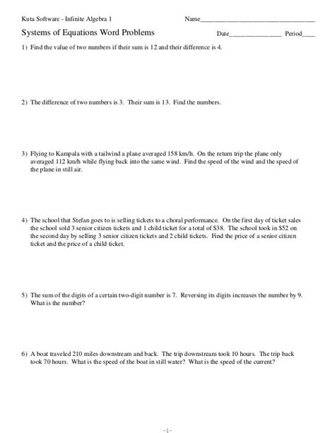system  equations word problems worksheet algebra