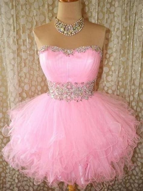 custom made pink puffy short prom gown pink prom dresses formal
