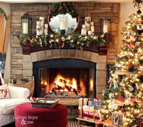 corner stone fireplace  rustic lodge style christmas family room wwwgoldenboysandmecom