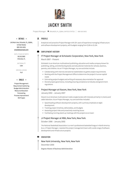 project list template  resume