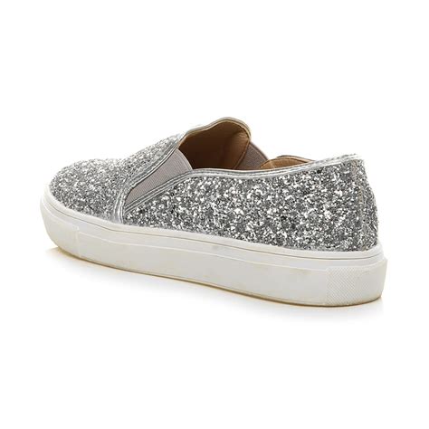 womens ladies flat glitter sparkly slip  casual plimsoles trainers