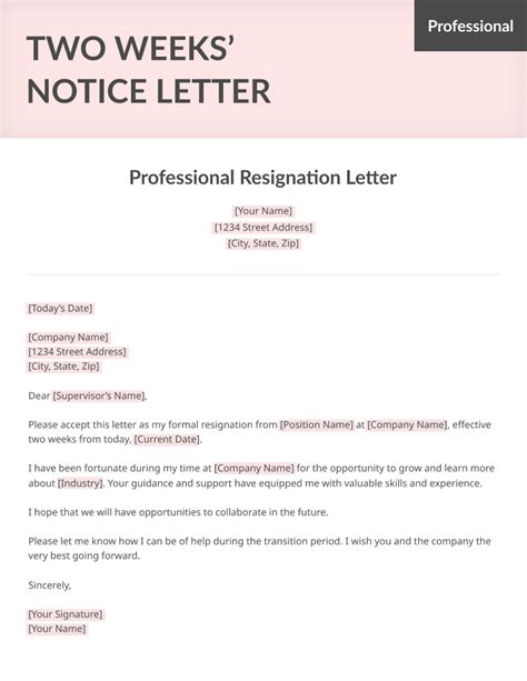 weeks notice letter template