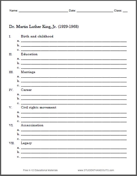 dr martin luther king blank biography outline worksheet   print  file martin