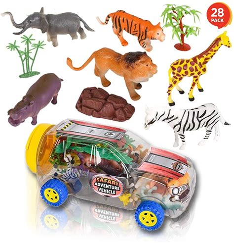 safari animal figurine toys set  clear vehicle storage case mini zoo figures adventure kit