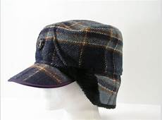 ear flap winter hat mens large 7 3/8 blue plaid wool cap ice fisherman